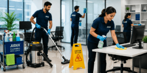 Professional commercial cleaning services in Dubai with trained cleaners disinfecting office desks, vacuuming floors, and cleaning glass partitions in a modern workplace.