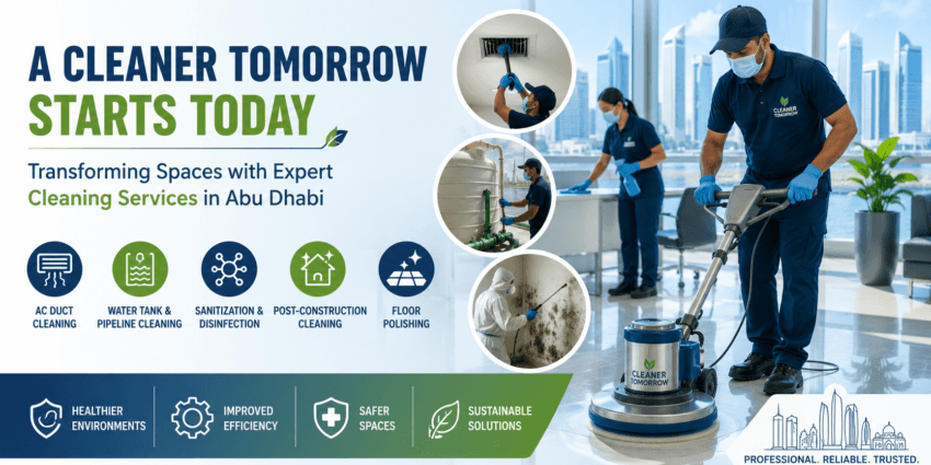 Professional cleaning team performing floor polishing, AC duct cleaning, water tank maintenance, mold remediation, and sanitization services in a modern Abu Dhabi commercial facility, promoting healthier, safer, and cleaner indoor environments.