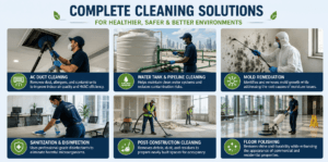 Professional cleaning services Abu Dhabi featuring AC duct cleaning, water tank cleaning, mold removal, sanitization, post-construction cleanup, and floor polishing to improve hygiene, safety, and indoor air quality.