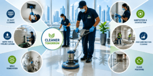 Professional cleaning team performing floor polishing in a modern commercial building, surrounded by visual representations of AC duct cleaning, water tank and pipeline cleaning, mold remediation, sanitization and disinfection, post-construction cleaning, and floor polishing services in Abu Dhabi.