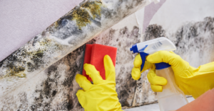 Professional mold cleaning in Dubai showing a technician removing black mold from an indoor wall with cleaning equipment and protective gloves.