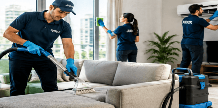 Professional residential cleaning service in Dubai with trained cleaners vacuuming a sofa, cleaning windows, and servicing an AC unit in a modern living room.